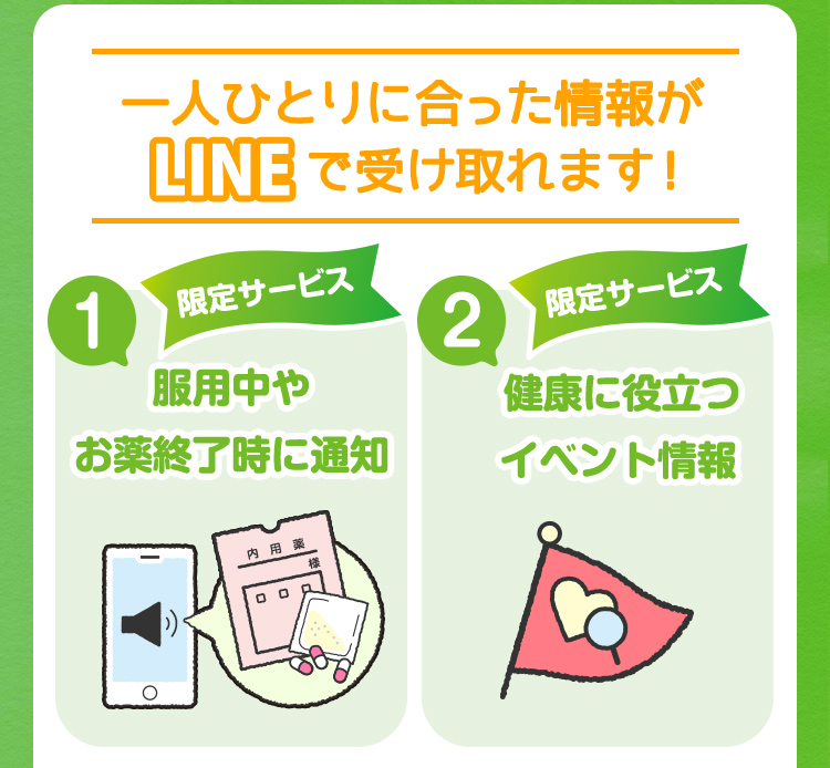 一人ひとりに合った情報がで受け取れます！ 1.限定サービス 服用中やお薬終了時に通知 2.限定サービス 健康に役立つイベント情報